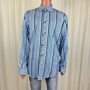 Men's Thomas Dean Long Sleeve Stripe Button Up Dress Shirt Size Large